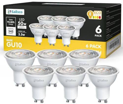 sailsco GU10 LED Bulbs Warm White 2700K 3.5W 345lm,Energy Saving GU10 LED Spotlight Bulbs,50W Incandescent Spot Light Bulbs Equivalent,No Flickering,Non-Dimmable,6 Pack