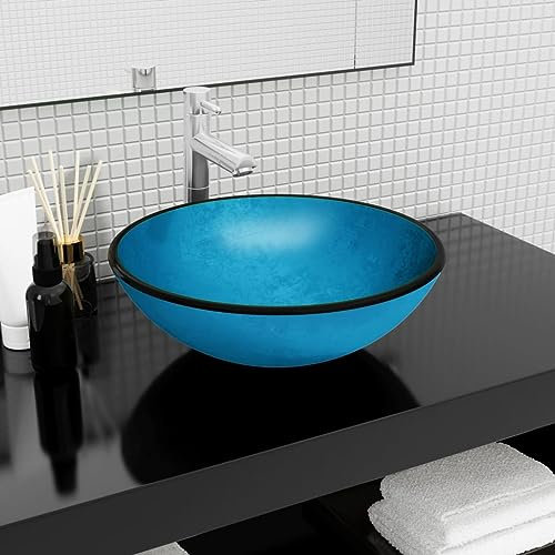 Homgoday Tempered Glass Wash Basin, 42 x 14 cm, Blue, Countertop Washbasin for Toilet, Changing Rooms, Guest Toilet