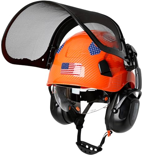 Chainsaw Helmet with Face Shield and Ear Muffs and Visor-Vented Arborist Helmet with Hearing Protection & Mesh Full Face Mask,Orange Carbon Fiber OSHA Approved Forestry Hard Hat with Safety Goggles