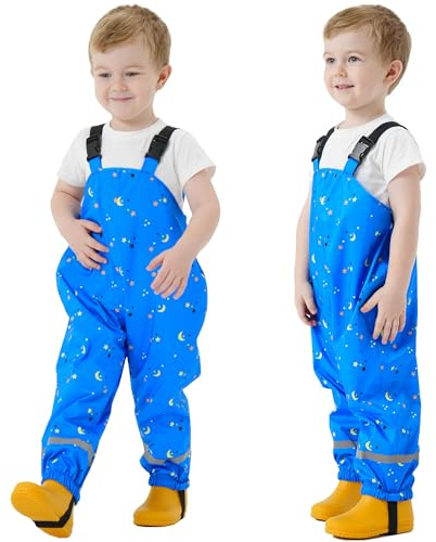Fewlby Kids Waterproof Rain Bib Pants, Boys Rain Pants Kids Overalls Rain Trousers Lightweight Mud Pants Rainwear for Toddlers