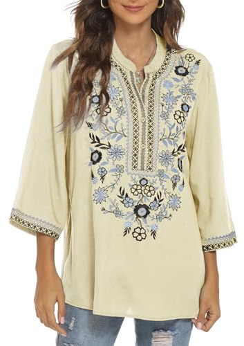Seasonal Women's Boho Embroidered Tops Mexican Peasant Style Bohemian 3/4 Sleeve Shirt Hippie Clothes Summer Tunic Blouses (Apricot-372, XL)