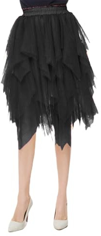Women Tutu Tulle Skirt Fairy Elastic High Waist Party Midi Skirt Asymmetrical Tutu A-Line Mesh Layered Swing Skirts (Black, XL)
