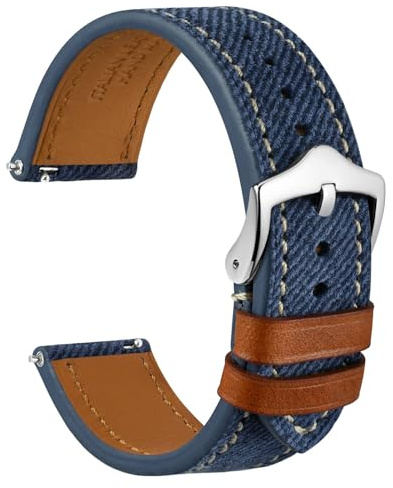 WOCCI 20mm Uhrenarmband, Italienisches Leder, Denim Muster, Silberne Schnalle (Denim Blau)