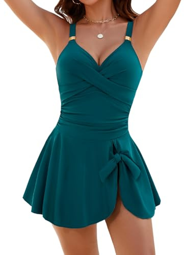 FemiChic Bañadores Mujer Reductores Sexy Escote en V & Push Up con Relleno & Moldeador Traje de Baño Una Pieza Cintura Alta para Playa Piscina(Turquesa,S)