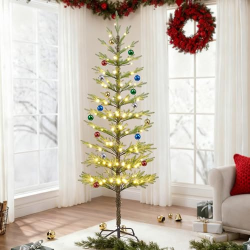 Lightshare 6FT 132L Warm White Evergreen Pine Needle Tree, Pencil Christmas Tree Lighted Pyramid Design with Ornaments, Remote Control & Dimmable, Artificial Christmas Holiday Decoration
