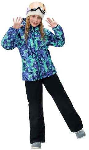 SMONTY Girls Boys Ski Suit Kids Snowsuits Waterproof Snowboard Elastic Hood Jacket with Bib Pants, Windproof Winter Warmth(14 Years,KALEIDOSC BLUE)