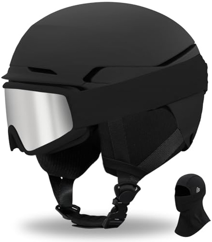 Casco da Sci Kit con Occhiali da Sci Passamontagna Casco Sci per Uomo Donna con Cuscinetti Auricolari Rimovibili UV Regolabile Ski Helmet (Nero Opaco+Maschera da sci+Passamontagna, L)