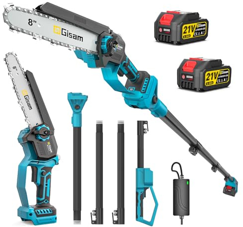 Mini TronçOnneuse 2 En 1 Avec Perche TéLescopique,Moteur Sans Balais 2600w,TronçOnneuse 8 Pouces,Lubrificateur Automatique & Tension De ChaîNe Sans Outil Et 2 * 4000 Mah,Extensible Jusqu'à 4,2m Pour