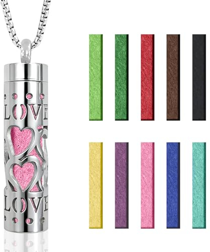 ELNX Halsband för Eteriska Oljor | Aromaterapi Halsband Diffuser i Rostfritt Stål med 10 Doftkuddar Hängsmycke Smycken Present för Dam och Herr (LOVE)