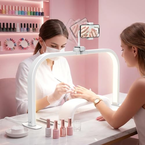 Adonafy Lampara Media Luna Manicura: 29in Lampara Manicura para Principiantes - 3 Modos de Color y 10 Niveles de Brillo Ajustables Lampara Arco LED Mesa para Cosméticos Lectura - Blanco
