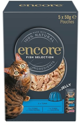 Encore Cibo umido naturale per gatti, confezione multipla di tonno con selezione di pesce in bustina di gelatina da 50 g (confezione da 20 buste) (l'imballaggio può variare)