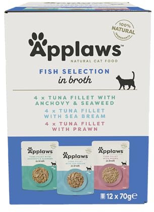 Applaws 100% Aliments humides naturels pour chats, Pultipack Fish Selection in Broth pour chats adultes - 12 pochons de 70 g