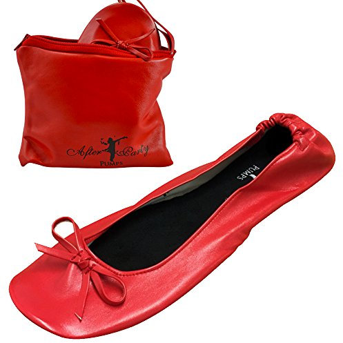 After Party Pumps® Lady in Red Size UK 7-8 Ladies Roll Up Shoes Fold Up Pumps Foldable with Carrier Pouch