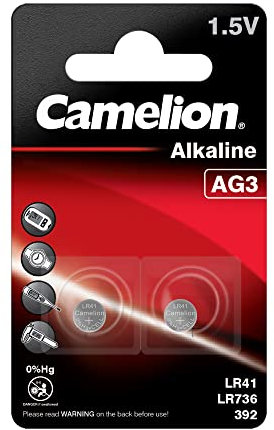 Camelion 12050203 - Alkaline Knopfzellen-Batterie ohne Quecksilber AG3/LR41/LR736/392 mit 1,5 Volt, 2er Set, Kapazität 41 mAh