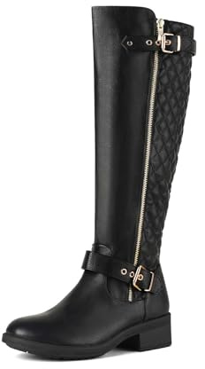 DREAM PAIRS Women's Knee-High Boots Comfortable Chunky Block Heel Round Toe Side Zipper Riding Fashion Buckles Biker Motorcycle Boots,Size 9,Black,UTAH