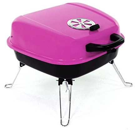 Nexos Mini Koffer-Grill Holzkohlegrill für Garten Terrasse Camping Festival Picknick Party BBQ Barbecue ca. 34 x 36 cm Grillfläche pink
