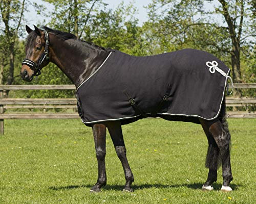 QHP - Manta polar para caballo, borde de contraste, con adorno, color negro/plateado, talla 110 cm.