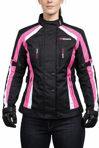RKsports 747 Ladies WATERPROOF MOTORCYCLE MOTORBIKE JACKET BLACK CE ARMORS (12, Pink)