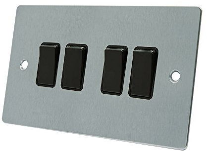 AET FSC4GSWIBL Satin Chrome Flat Black Insert Plastic Rocker Switches-10 Amp Quad 4-Gang 2 Way Light Switch, 240 V