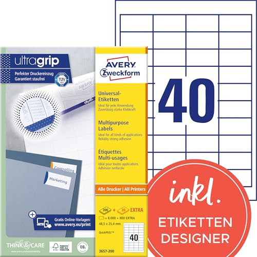 AVERY Zweckform 3657-200 Universal Etiketten (8.000 plus 800 Klebeetiketten extra, 48,5x25,4mm auf A4, Papier matt, individuell bedruckbar, selbstklebende Aufkleber mit ultragrip) 220 , weiß