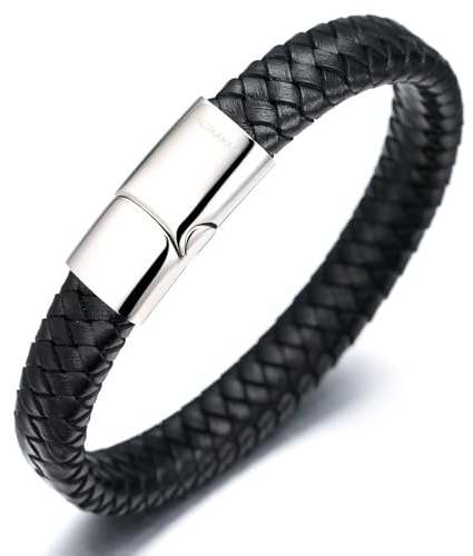 HALUKAKAH ● Solo ● Bracciale Uomo in Vera Pelle Cuoio Nero Titanio Acciaio Chiusura Magnetica Argento 8.46(21.5cm) con Pacco Regalo Gratuito