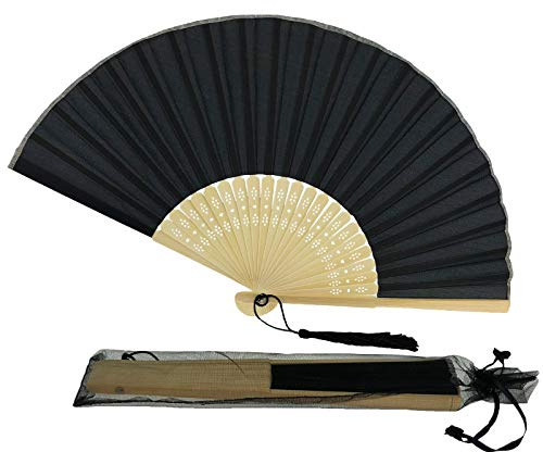 FANSOF. FANS Ventilateur de tissu de soie avec un Côtes de bambou de catégorie A de tassel Wedding Party Favour Ventilateur portatif (Noir)