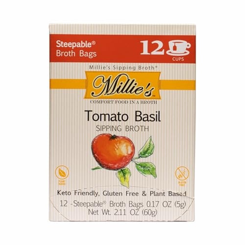 MILLIE'S TOMATO BASIL SIPPING BROTH Steepable Vegetable Broth with Savory Seasonings for Snack Urges | Vegan, Keto, Gluten Free, Intermittent Fasting, and natural | 12 count carton