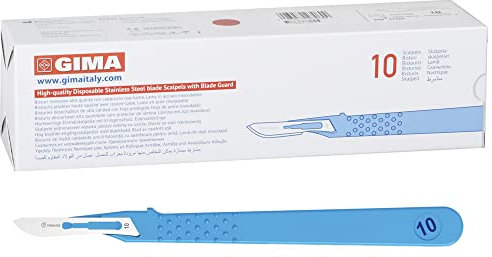 Gima - Bistouris en Acier Inoxydable, Manche en ABS, Stérile et Jetable, Standard, Taille n. 10, 10 scalpels emballés individuellement.
