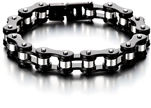 COOLSTEELANDBEYOND Bike Chain Bracelet for Men, Black and Silver Stainless Steel Motorcycle Link Biker Chain with Clasp