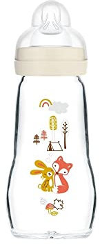 MAM Biberon en verre (260 ml) – Biberon résistant à la chaleur et aux variations de température – Tétine Débit 2 Moyen pour bébé à partir de 2 mois – Couleur : Blanc