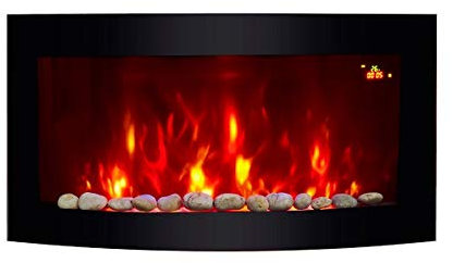 2025 TRUFLAME 89.2CM WIDE BLACK GLASS CURVED ELECTRIC WALL MOUNTED FIRE PLACE WITH PEBBLE EFFECT