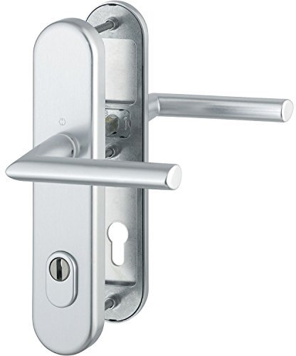 HOPPE 3893182 Sicherheits-Drückergarnitur Stockholm-Ö-Norm Entfernung 88mm, Aluminium Silber eloxiert, Langschild Profilzylinder für Türstärke 62-72mm, mit Kernziehschutz, Klasse 3, 1 Stück
