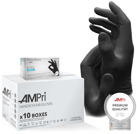 AMPRI Nitrilhandschuhe, schwarz, 10 Box a 100 Stk, Größe L, puderfrei, Style Black by Med-Comfort: Nitril Einmalhandschuhe, Einweghandschuhe in den Größen XS, S, M, L, XL, XXL