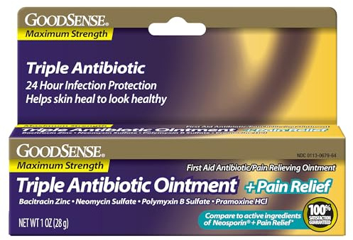 GoodSense Maximum Strength Triple Antibiotic Ointment plus Pain Relief - Soothes Painful Cuts, Scrapes and Burns, Prevents Infection, First Aid Antibiotic, External Analgesic, 1 oz
