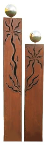 Gartendekoshop24 - Gartendeko Rost, Metall. Rostsäulen, 2er, für draußen, 100/80 cm, mit Edelstahlkugeln. Handgefertigte Gartensäulen aus Edelrost in Dreiecksform mit Muster, Outdoor, wetterfest.