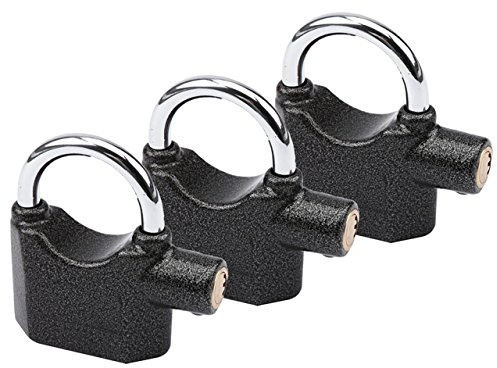 3 Stück Premium OLYMPIA S100 Alarmschloss mit Schlüssel - Korrosionsgeschützt Sicherheitszylinder - 100 dB Sirene | Alarmgesichertes Vorhängeschloss, Hangschloss | Großes Vorhang-Schloss mit Alarm