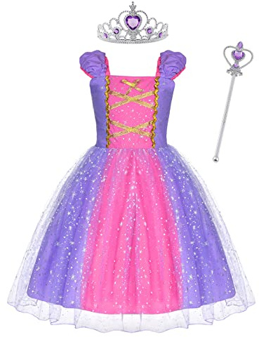 ACWOO Costume Enfant Fille, Costume Princesse Raiponce avec Baguette et Couronne, Tulle Maxi Noël Carnaval Cosplay Robe de Soirée, Reconstitution Historique