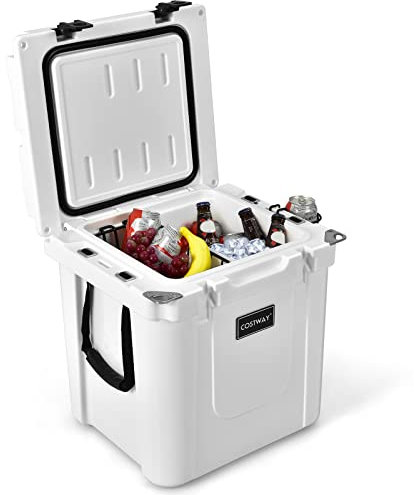 COSTWAY Secchiello per Ghiaccio da 31 L, Ghiacciaia Portatile con Tagliere, Cestino e Porta Bicchieri, Maniglie e Misuratore Graduato, Conservazione del Ghiaccio per 7-9 Giorni