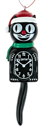Kit Cat Klock Kit de Reloj de Gato con Papá Noel, Adorno Decorativo de Navidad, Negro (5 Pulgadas de Alto) – Kit clásico – Klock de Gato con Bufanda Verde y Sombrero Rojo – Complemento