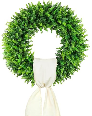 DDHS 20'' Boxwood Wreaths Front Door Artificial Spring Wreath. Wreaths for Front Door Farmhouse Wedding Green Year Round Indoor Outdoor for Summer Wreath St Patricks Day Decorations -(Hello Sign)