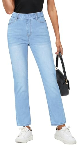 GRAPENT Womens Jeans Womens Straight Leg Cropped Mom Jeans High Waisted Stretchy Women's Pull On Pantalones Vaqueros De Mujer Color Gentle Sea Blue Medium Size 8 Size 10
