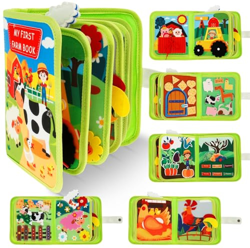 Baby Busy Book Felt Animals Farm Sensory Activity Book 18 in 1 Quiet Montessori Busy Board for Boy Girl Baby Birthday Gift, Early Development Interactive Toy, Airplane Car Rides Toddler Travel Toys
