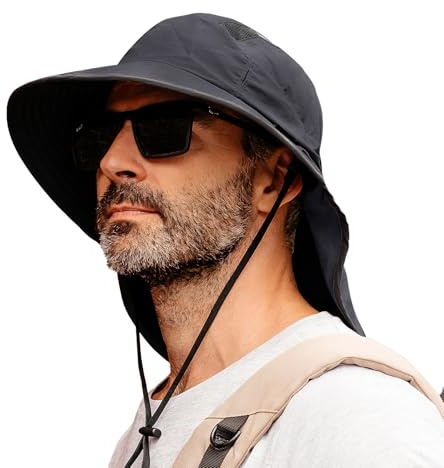 TOP-EX Chapeau de soleil unisexe XL/XXL avec protection contre le soleil à large bord pour hommes, protection du cou, porte-lunettes de soleil, chapeau de safari d’extérieur, chapeau d’été imperméable