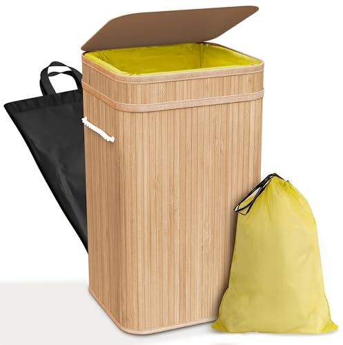 COTTARA® Müllsackständer gelber Sack Mülleimer schön aus Bambus inkl. waschbarer Innentasche - Gelber Sack Behälter 60L - Mülleimer Gelber Sack Ständer stabil doppelt verstärkt mit Deckel