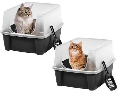 IRIS USA High Sided Cat Litter Box, Scatter Shield, Large, Black 2 Pack