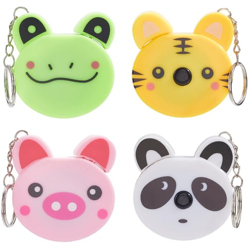 SUNNYCLUE 4Pcs 4 Styles Small Tape Measure Keychain Measuring Tape Key Chain PVC Plastic Cartoon Frog Pig Panda Tiger Zoo Animals Ruler Keyrings for Cloth Body Tailor Sewing Craft Tools Accessories