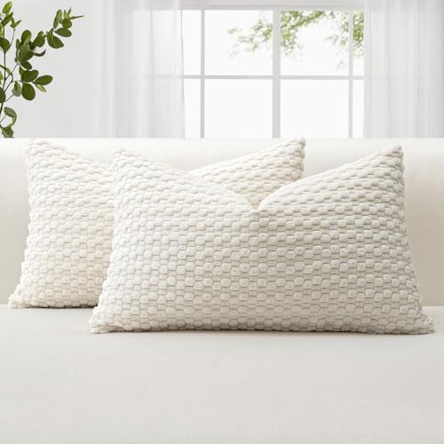JOTOM Corduroy Soft Decorative Cushion Covers 30x50 cm Set of 2 Decorative Throw Pillow Covers with 3D Bubble Texture Pillowcase for Couch Sofa Bedroom Soft Cushion Case for Home Decor (Cream White)