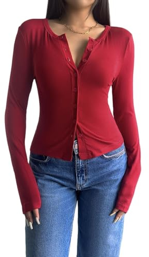 KIJSKKOPO Cárdigan De Punto De Manga Larga Recortado para Mujer, Blanco, Cuello Redondo, Botones, Ligero, Elástico, Chaqueta De Punto, Casual, Clásico, Ajustado, Camisa Fina Y2K, Tops, Rojo