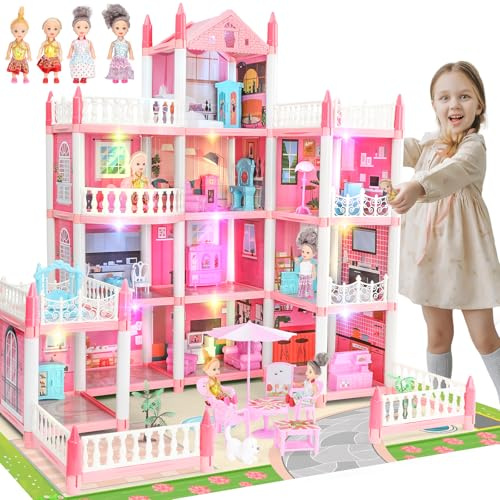 Big Dream Doll House for Girls 4 Stories 11 Rooms, Dolls, Mat, LED Light, Furnitures, Accessories Toddler Dollhouse Gift for 3 4 5 6 7 8 9 10 Year Old Girls Toys