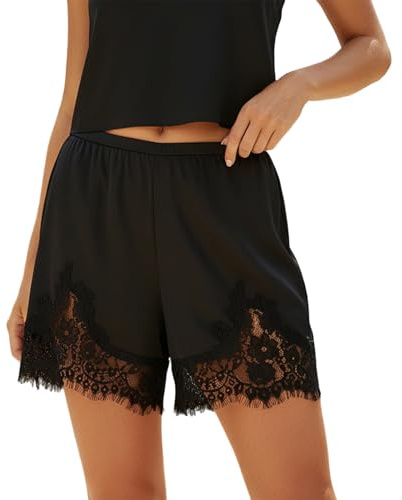 Women Lace Trim Satin Silk Shorts Y2K Patchwork Silky Mini Shorts Elastic Waist Pajama Slip Bottoms Boxer